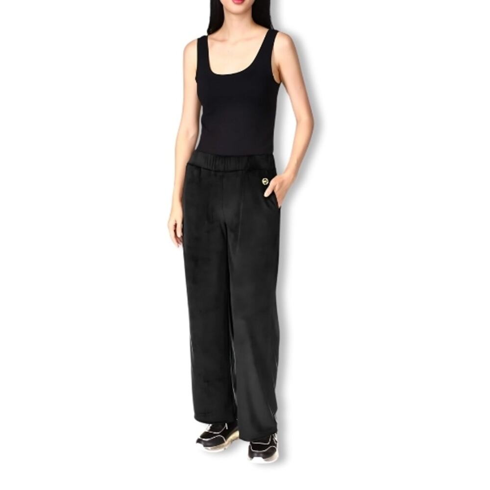 Michael Kors Pull On Pants Straight Leg Side Pockets Velour Black Women's L NWT